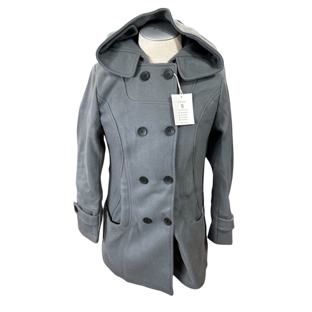 Tanming Hooded Peacoat Jacket S Gray Womens Double Button